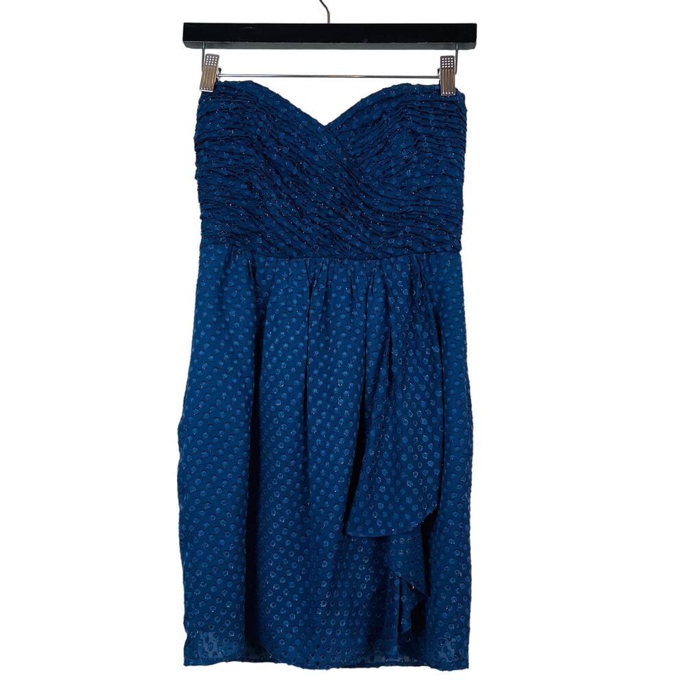 Shoshanna Silk Blend Strapless Dress Metallic Ruched Dots Blue - 0